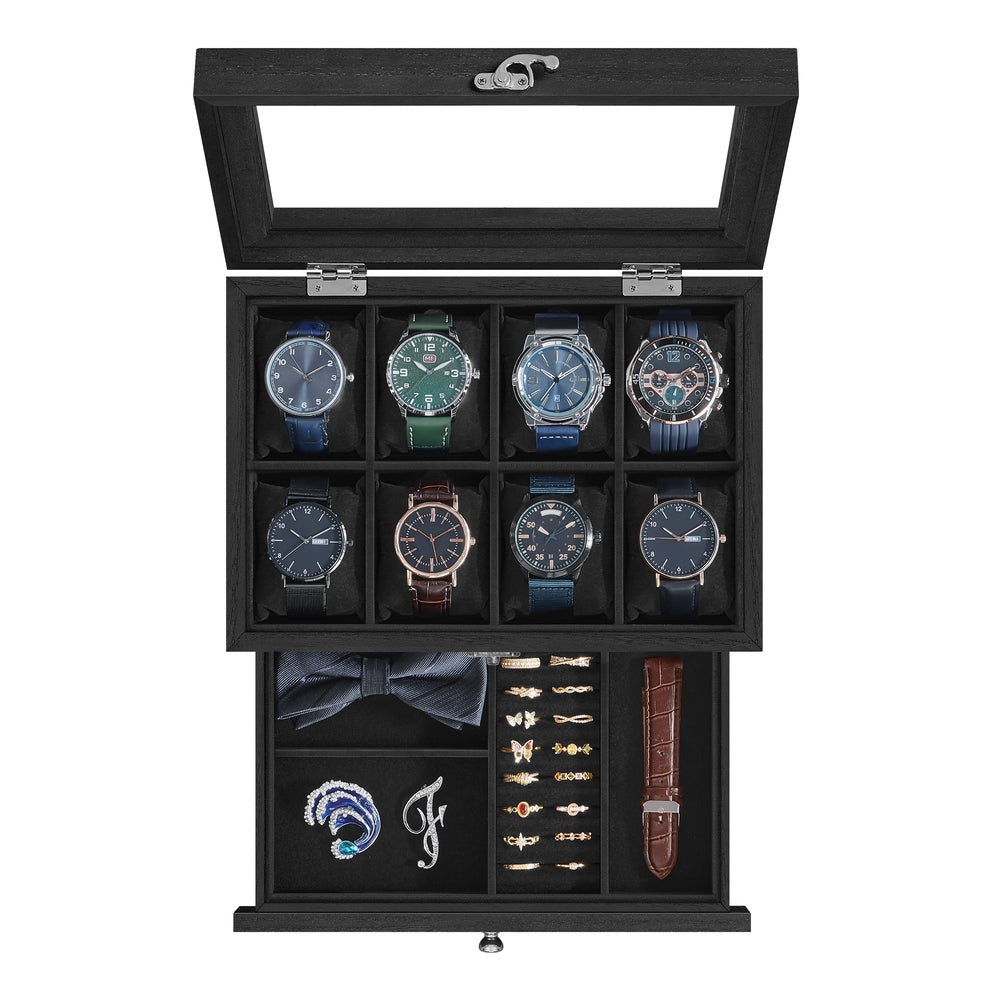 Watch Box with 8 Slots, 2-Tier Wood Watch Case with Large Glass Lid - image 10