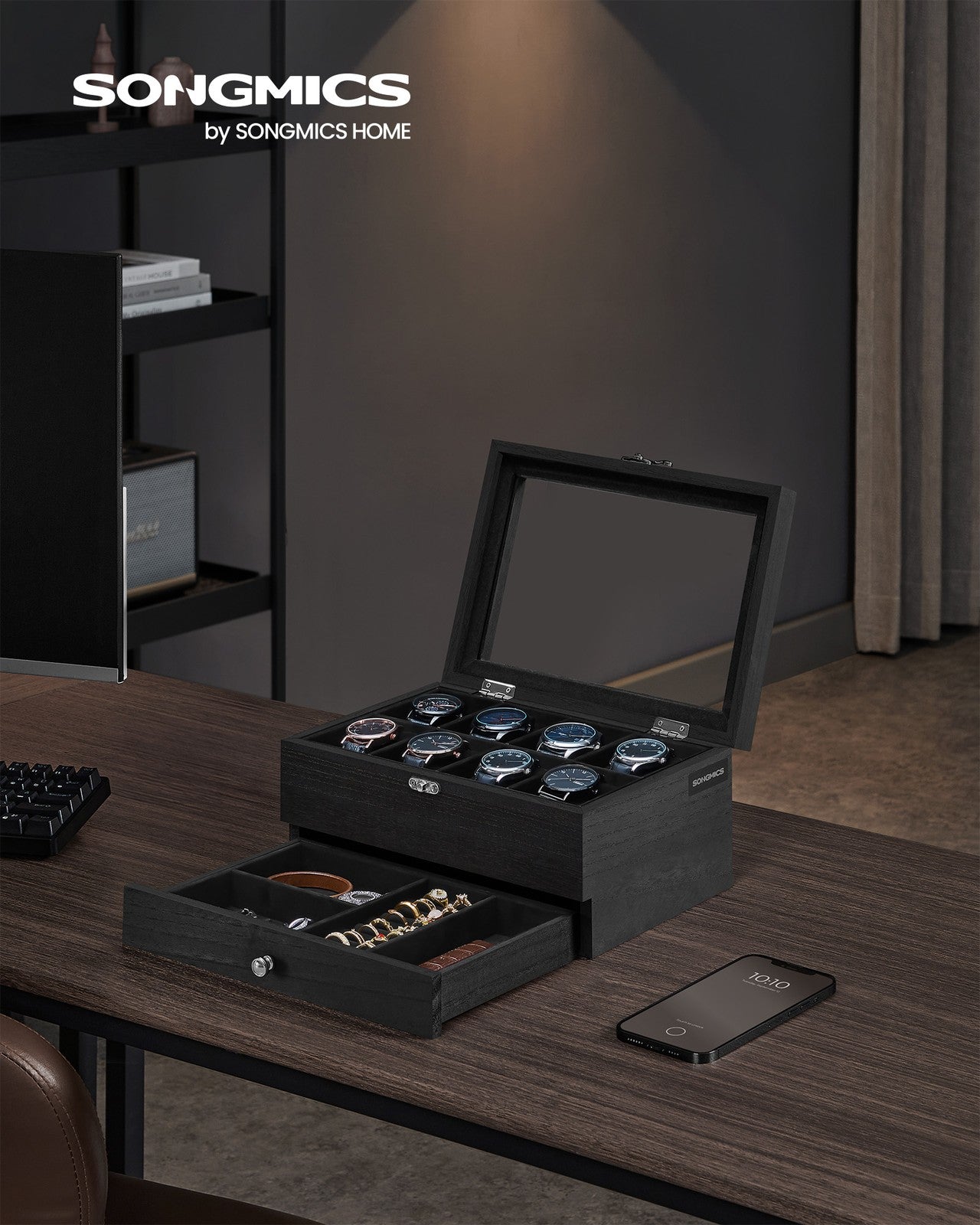 Watch Box with 8 Slots, 2-Tier Wood Watch Case with Large Glass Lid - image 12