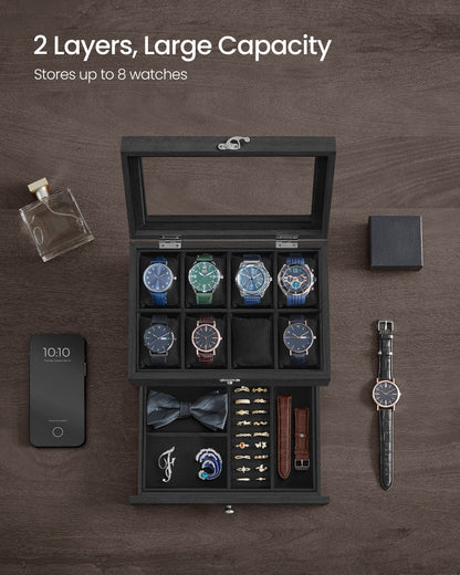 Watch Box with 8 Slots, 2-Tier Wood Watch Case with Large Glass Lid - image 13
