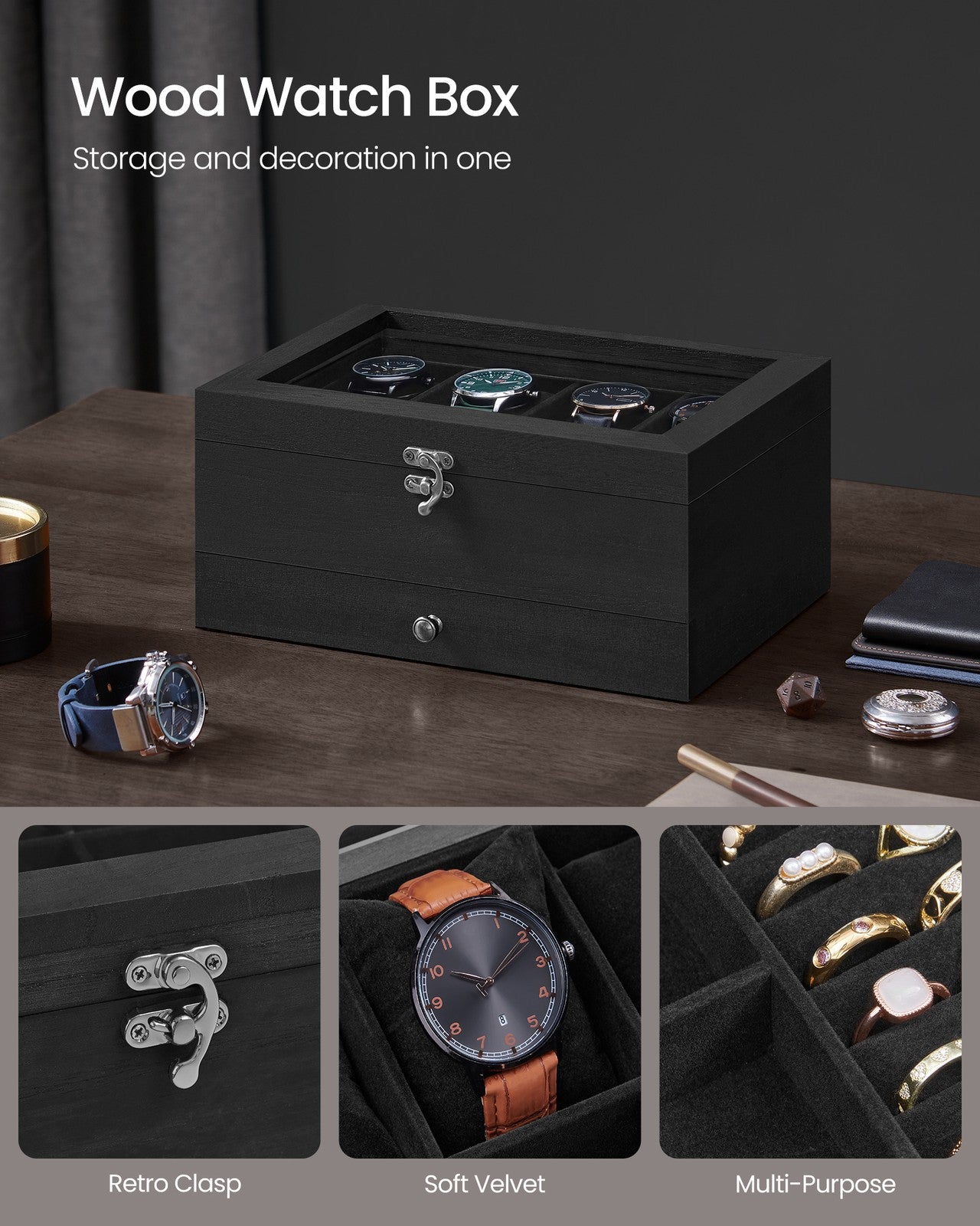 Watch Box with 8 Slots, 2-Tier Wood Watch Case with Large Glass Lid - image 14