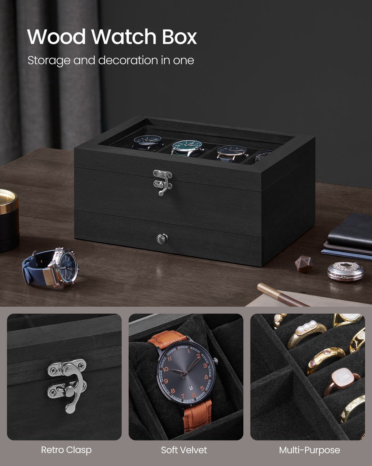 Watch Box with 8 Slots and Watch Pillows Ink Black - image 4