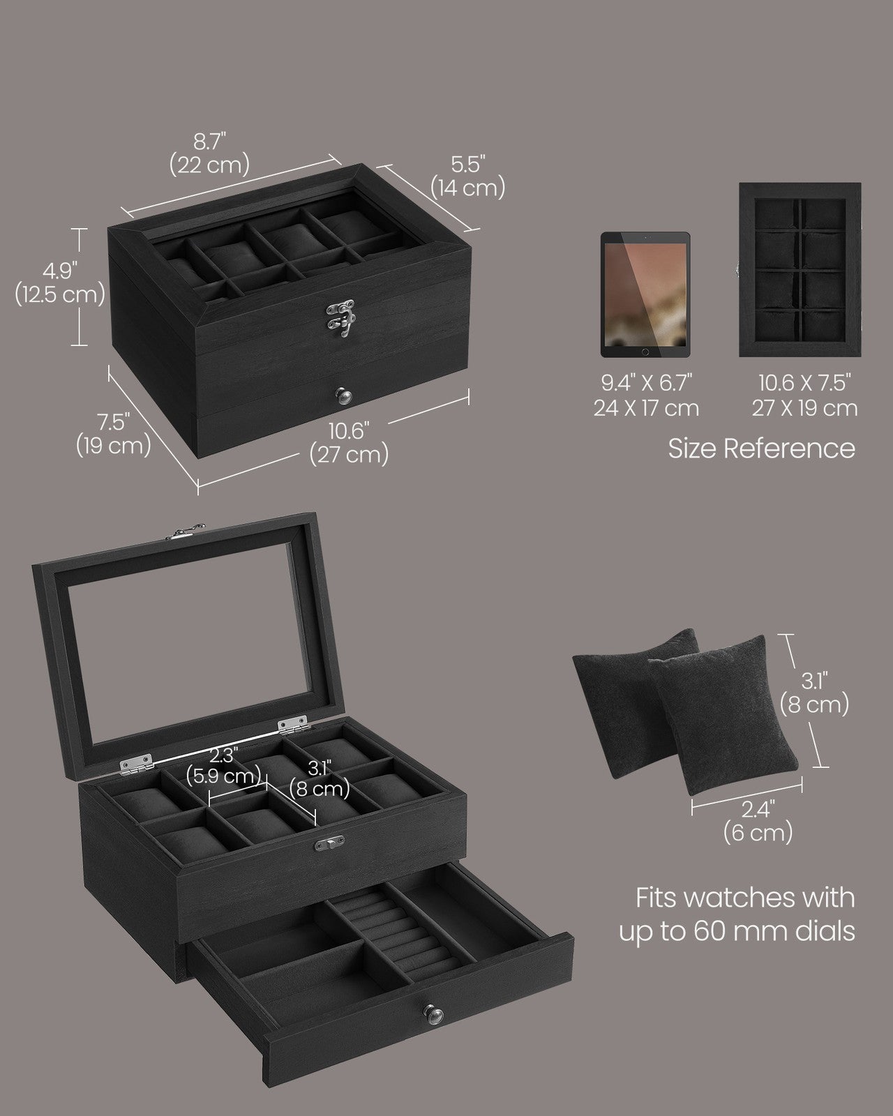 Watch Box with 8 Slots, 2-Tier Wood Watch Case with Large Glass Lid - image 15