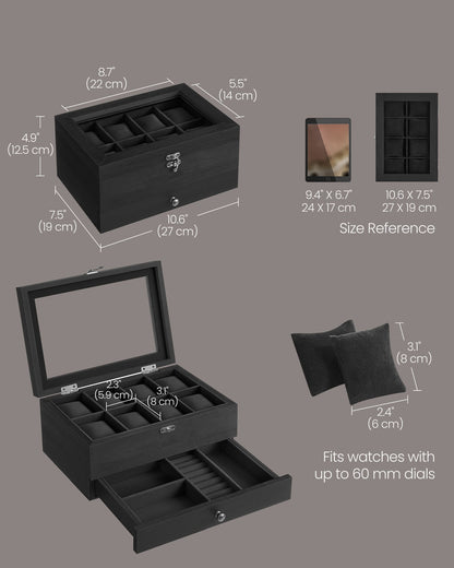 Watch Box with 8 Slots, 2-Tier Wood Watch Case with Large Glass Lid - image 15