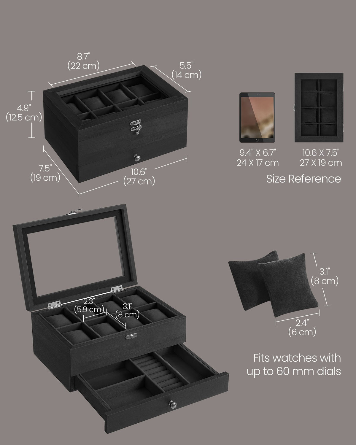 Watch Box with 8 Slots and Watch Pillows Ink Black - image 5