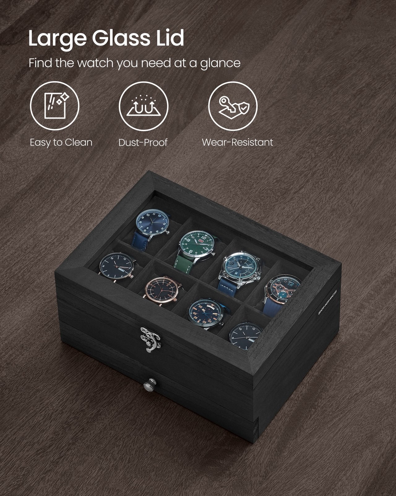 Watch Box with 8 Slots, 2-Tier Wood Watch Case with Large Glass Lid - image 16