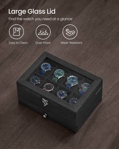 Watch Box with 8 Slots, 2-Tier Wood Watch Case with Large Glass Lid - image 16