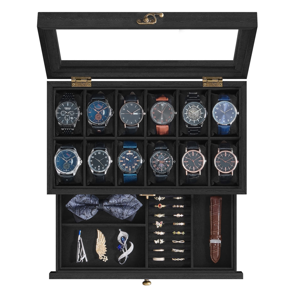 Watch Box with 12 Slots, 2-Tier Wood Watch Case with Large Glass Lid - image 9