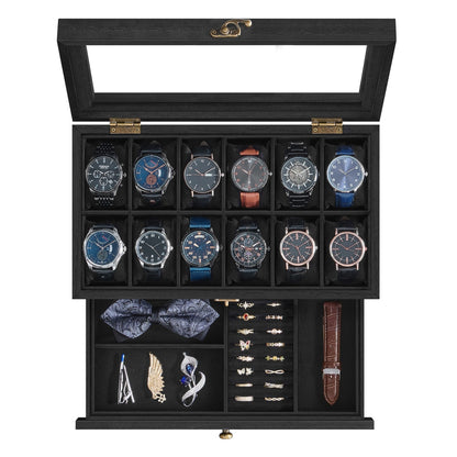 Watch Box with 12 Slots, 2-Tier Wood Watch Case with Large Glass Lid - image 9