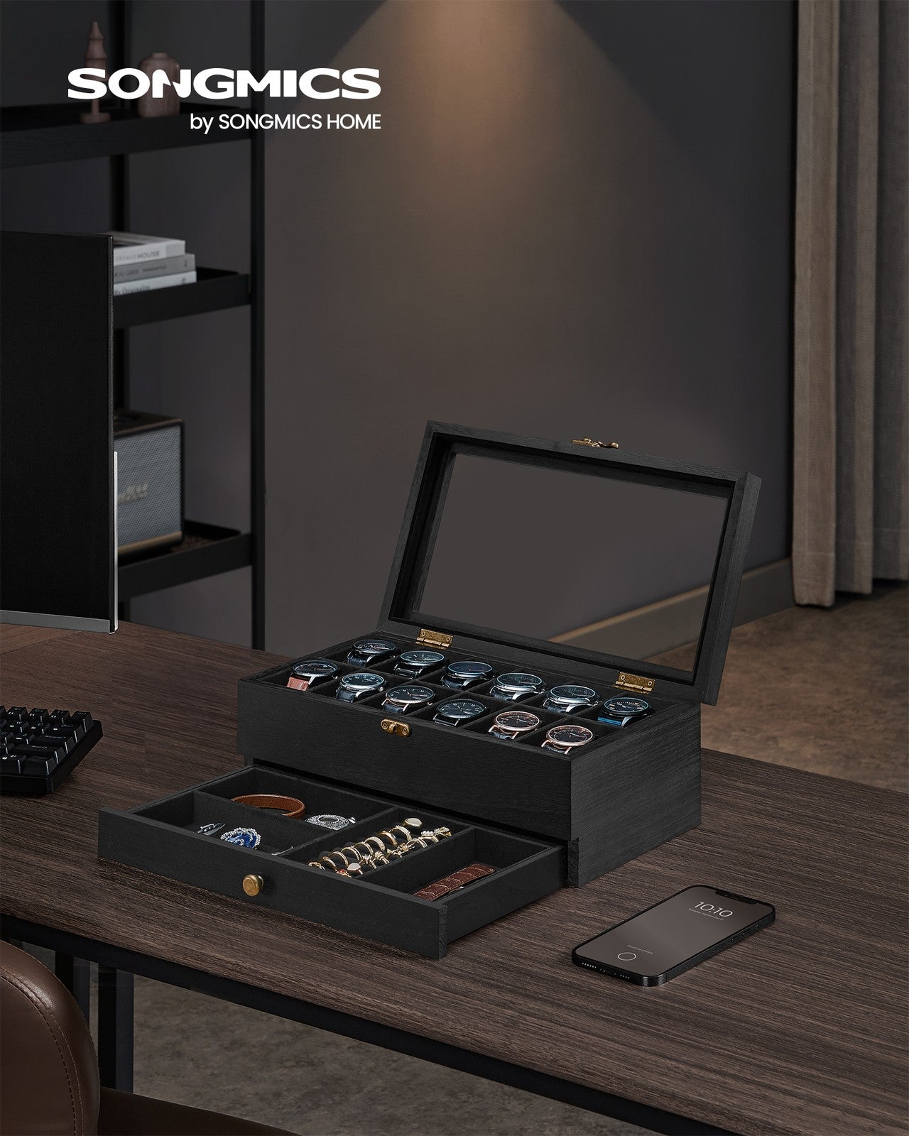 Watch Box with 12 Slots, 2-Tier Wood Watch Case with Large Glass Lid - image 10