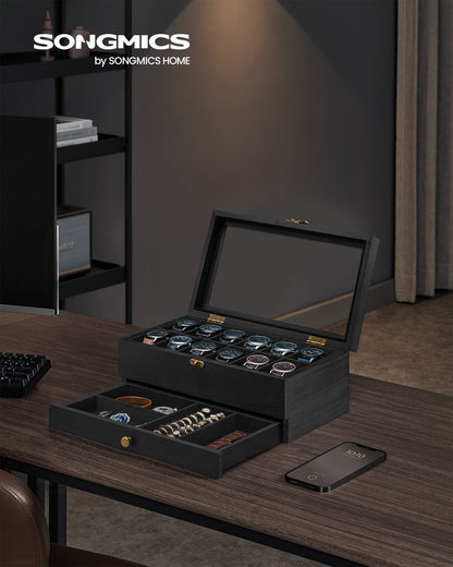 Watch Box with 12 Slots, 2-Tier Wood Watch Case with Large Glass Lid - image 10