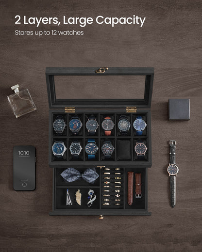 Watch Box with 12 Slots, 2-Tier Wood Watch Case with Large Glass Lid - image 11