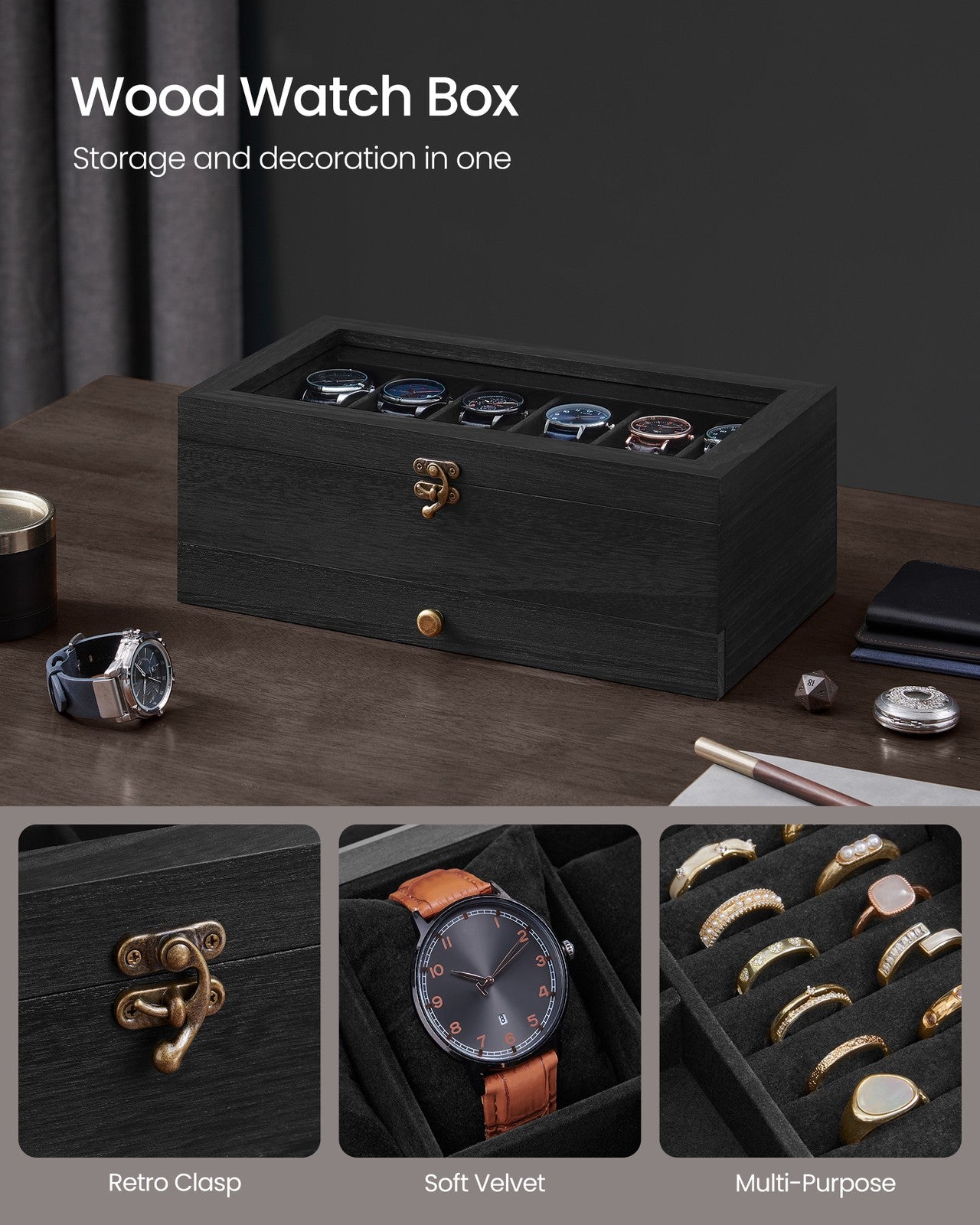 Watch Box with 12 Slots, 2-Tier Wood Watch Case with Large Glass Lid - image 12