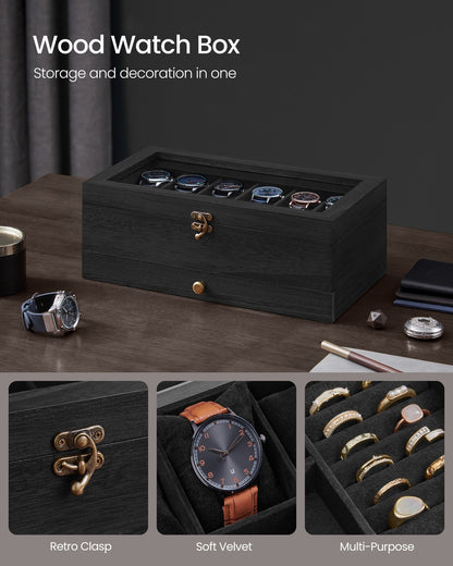 Watch Box with 12 Slots, 2-Tier Wood Watch Case with Large Glass Lid - image 12