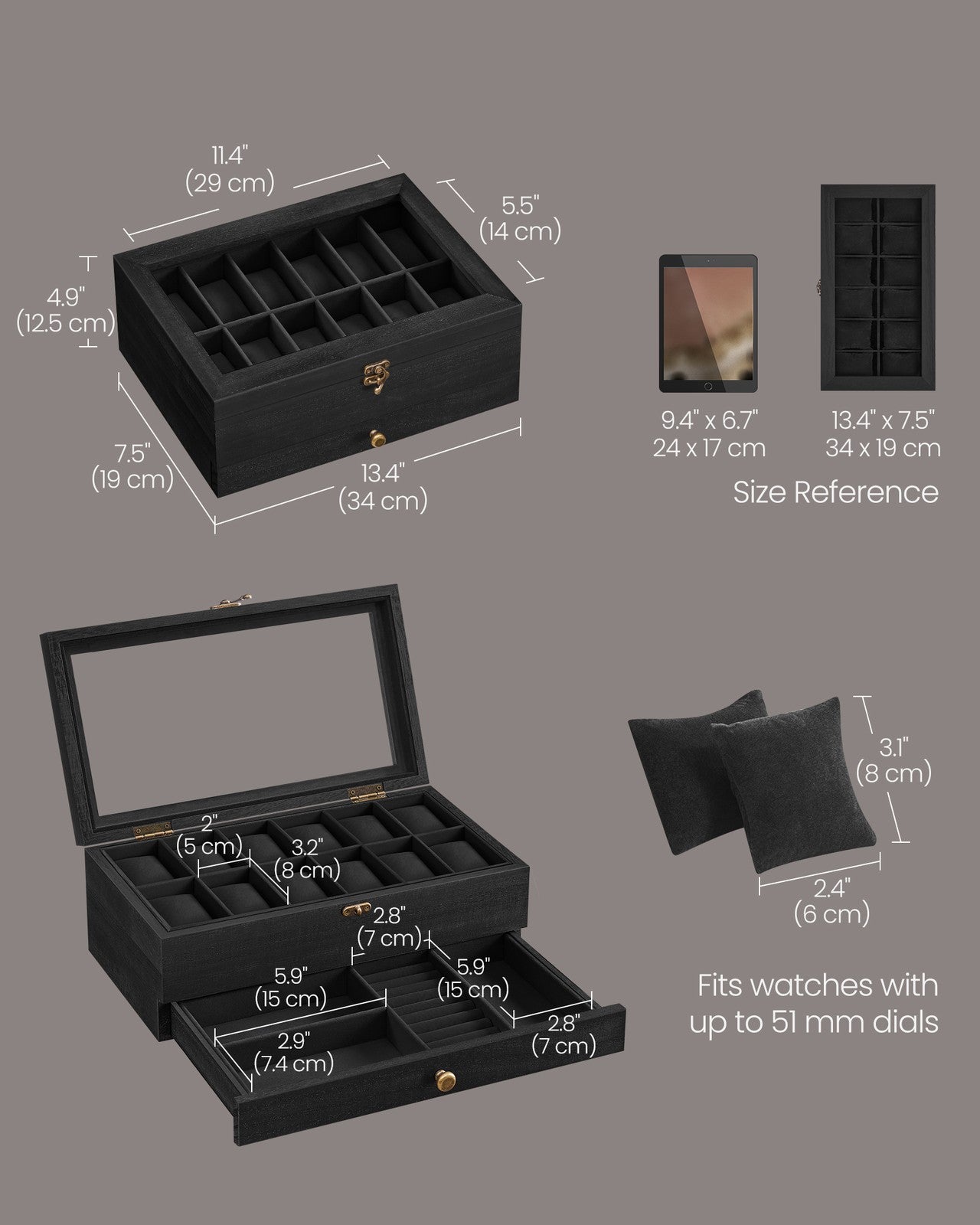 Watch Box with 12 Slots, 2-Tier Wood Watch Case with Large Glass Lid - image 13