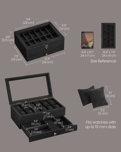 Watch Box with 12 Slots, 2-Tier Wood Watch Case with Large Glass Lid - image 13