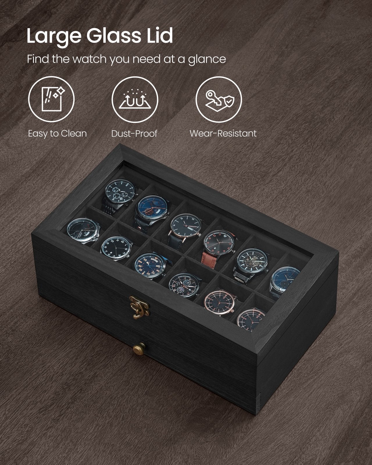 Watch Box with 12 Slots, 2-Tier Wood Watch Case with Large Glass Lid - image 14