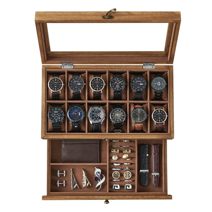 Watch Box with 12 Slots, 2-Tier Wood Watch Case with Large Glass Lid - image 1
