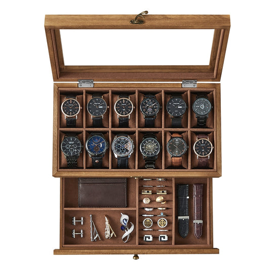 Watch Box with 12 Slots, 2-Tier Wood Watch Case with Large Glass Lid - image 1