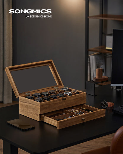 Watch Box with 12 Slots, 2-Tier Wood Watch Case with Large Glass Lid - image 2