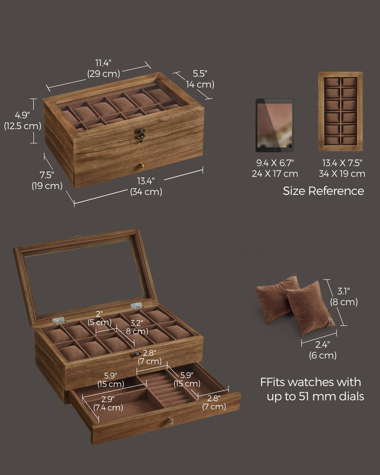 Watch Box with 12 Slots, 2-Tier Wood Watch Case with Large Glass Lid - image 5