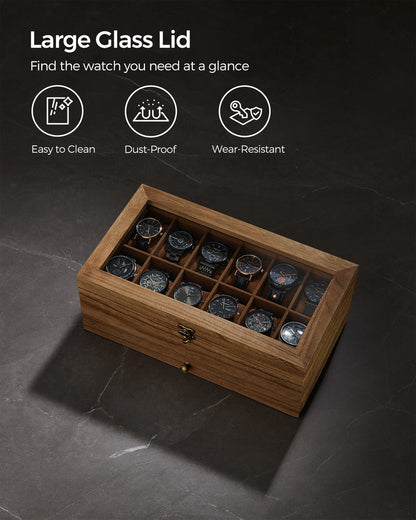 Watch Box with 12 Slots, 2-Tier Wood Watch Case with Large Glass Lid - image 7