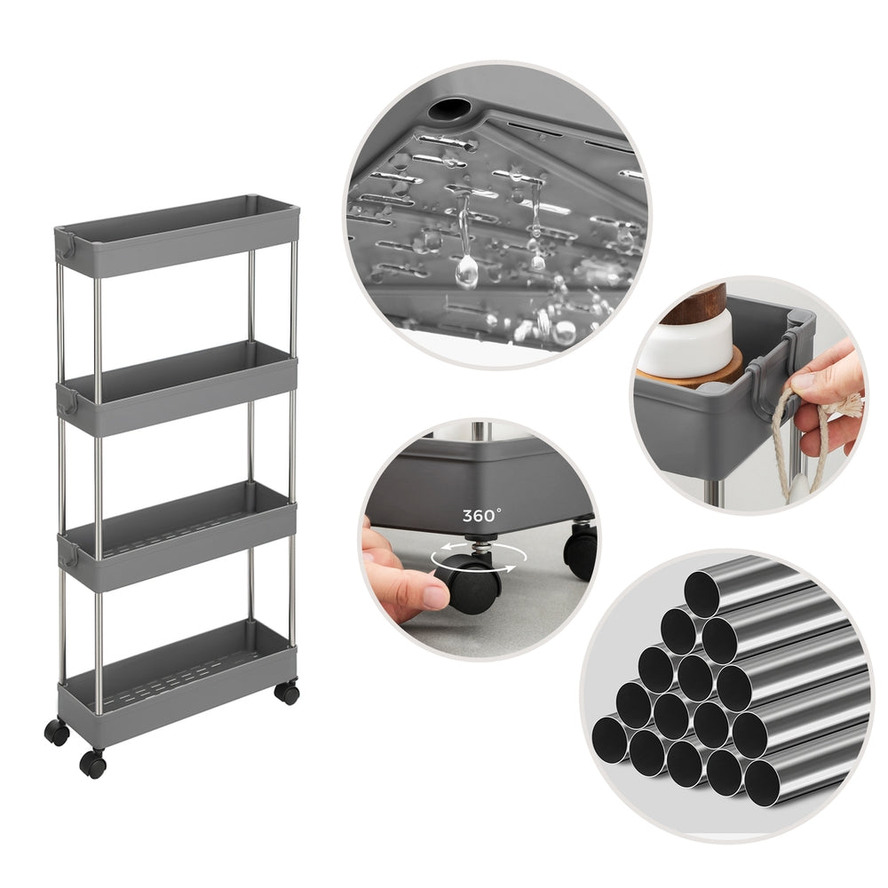 4-Tier Narrow Storage Trolley, Space-Saving Rolling Trolley with Wheels, for Kitchen Living Room Bathroom - image 3