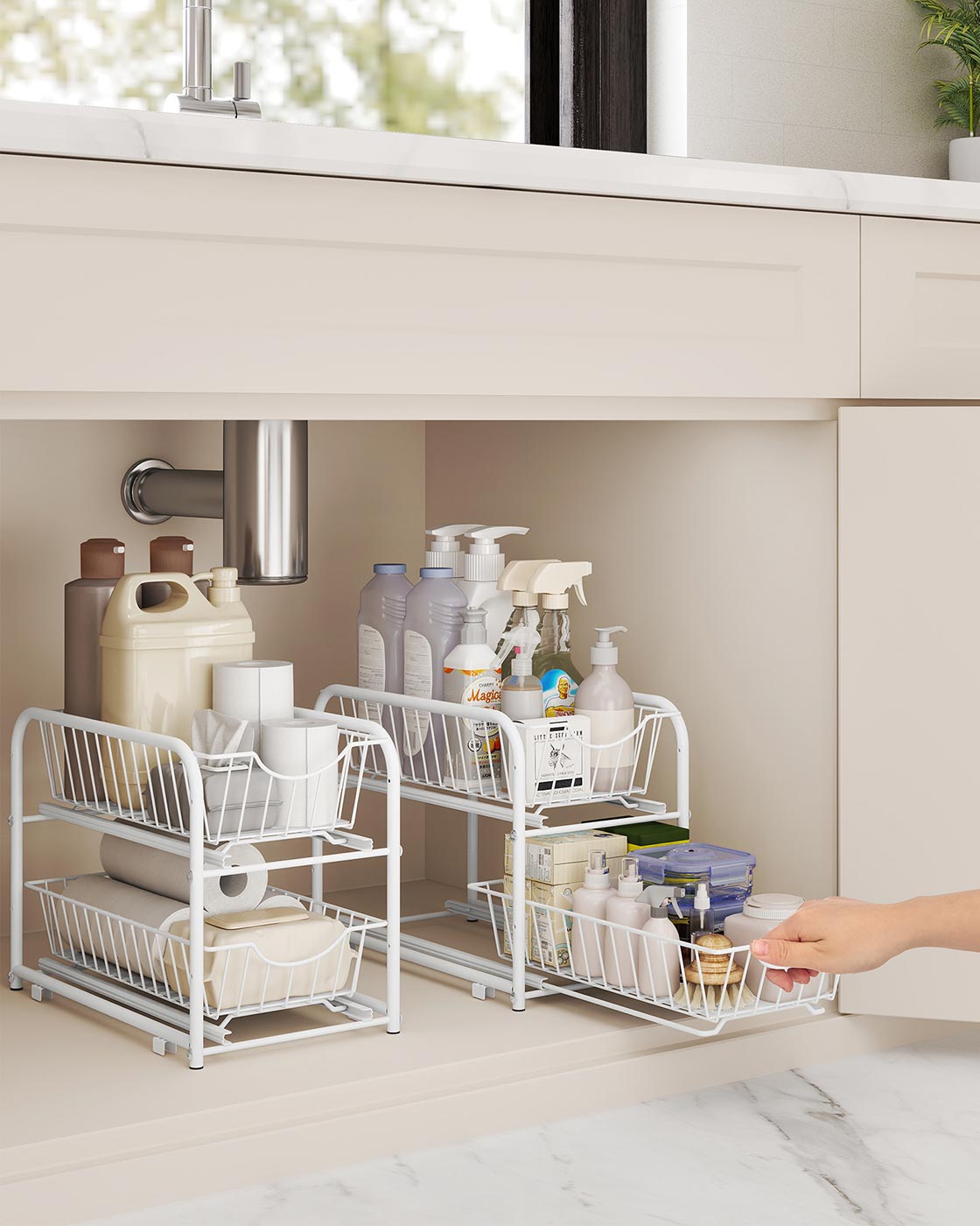 Cupboard Organiser 2-Tier Under Sink Storage Organiser Matte White - image 2