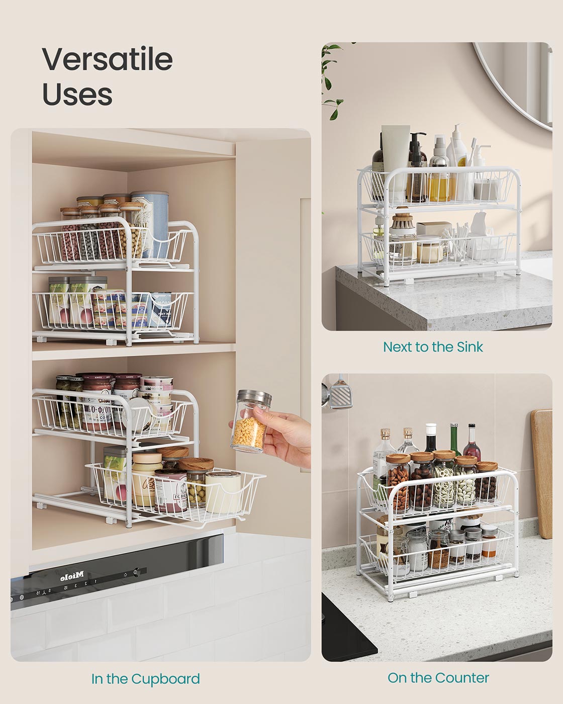 Cupboard Organiser 2-Tier Under Sink Storage Organiser Matte White - image 3