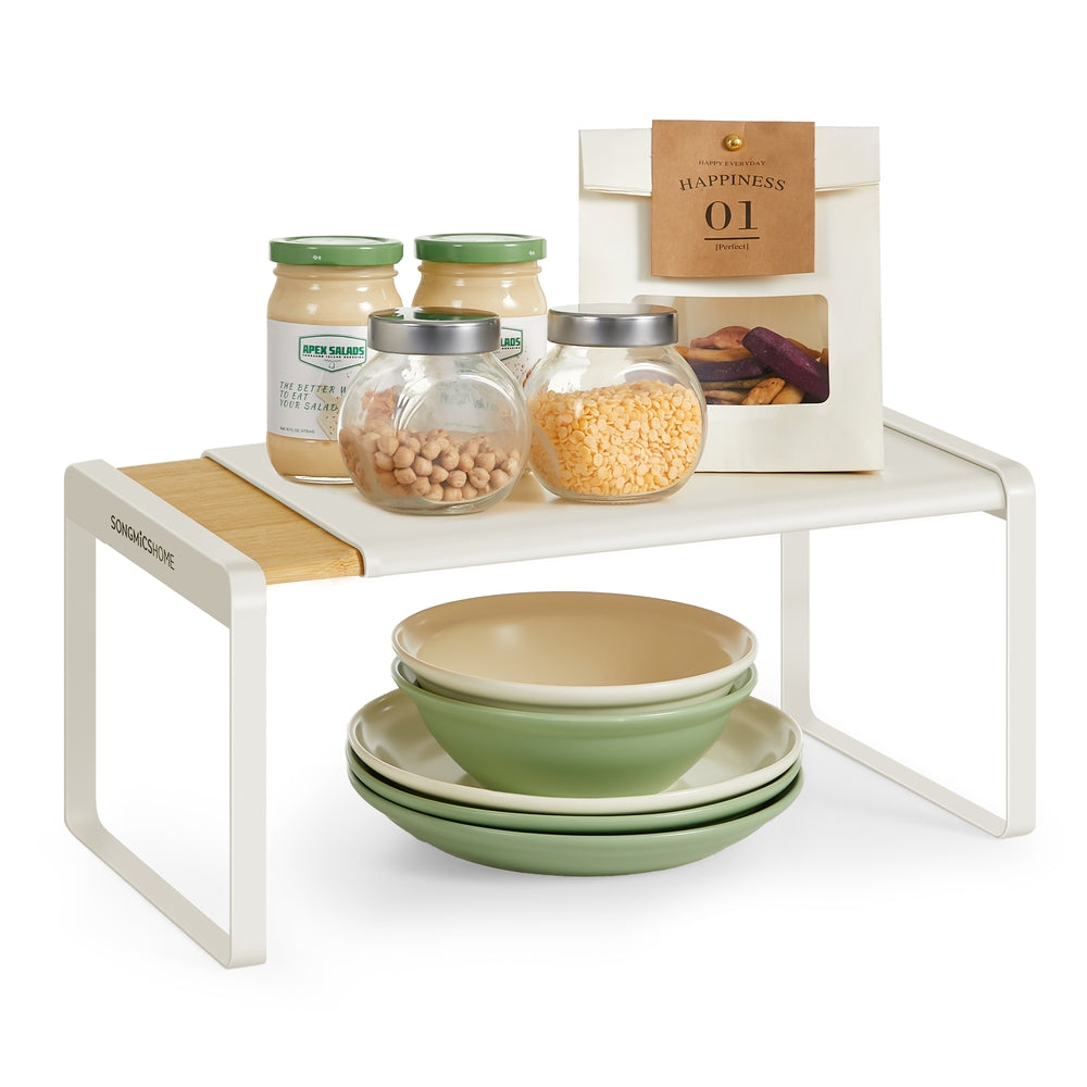 Spice Rack Extendable Kitchen Organiser Shelf Bamboo and Cream White - image 1