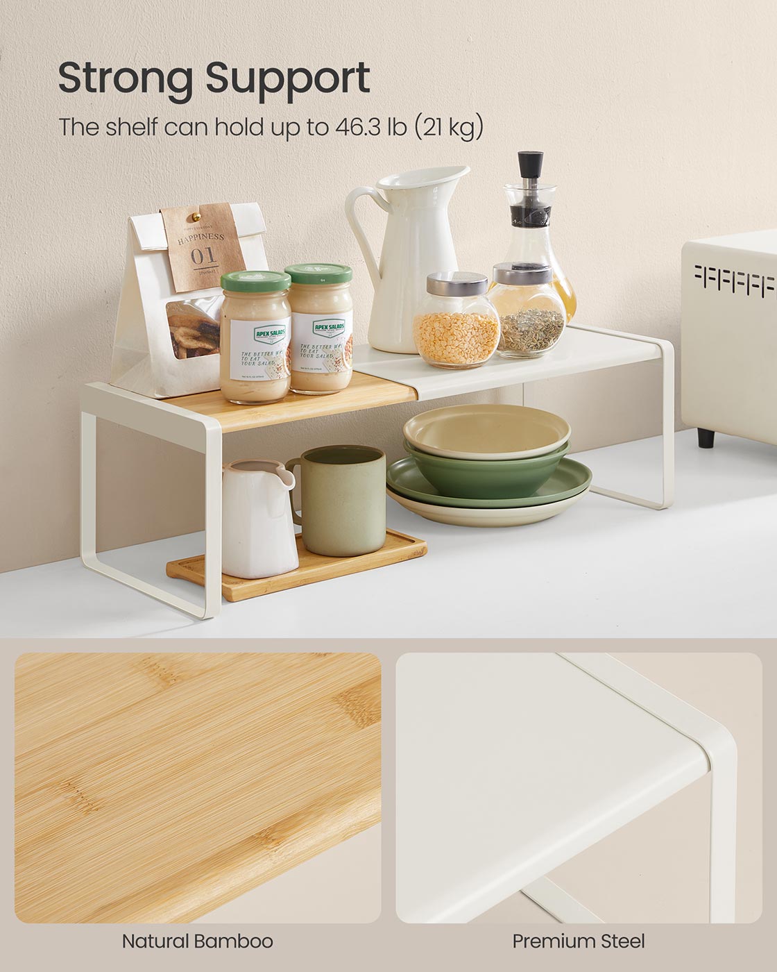 Spice Rack Extendable Kitchen Organiser Shelf Bamboo and Cream White - image 4