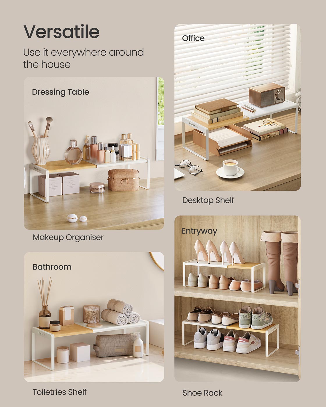 Spice Rack Extendable Kitchen Organiser Shelf Bamboo and Cream White - image 5