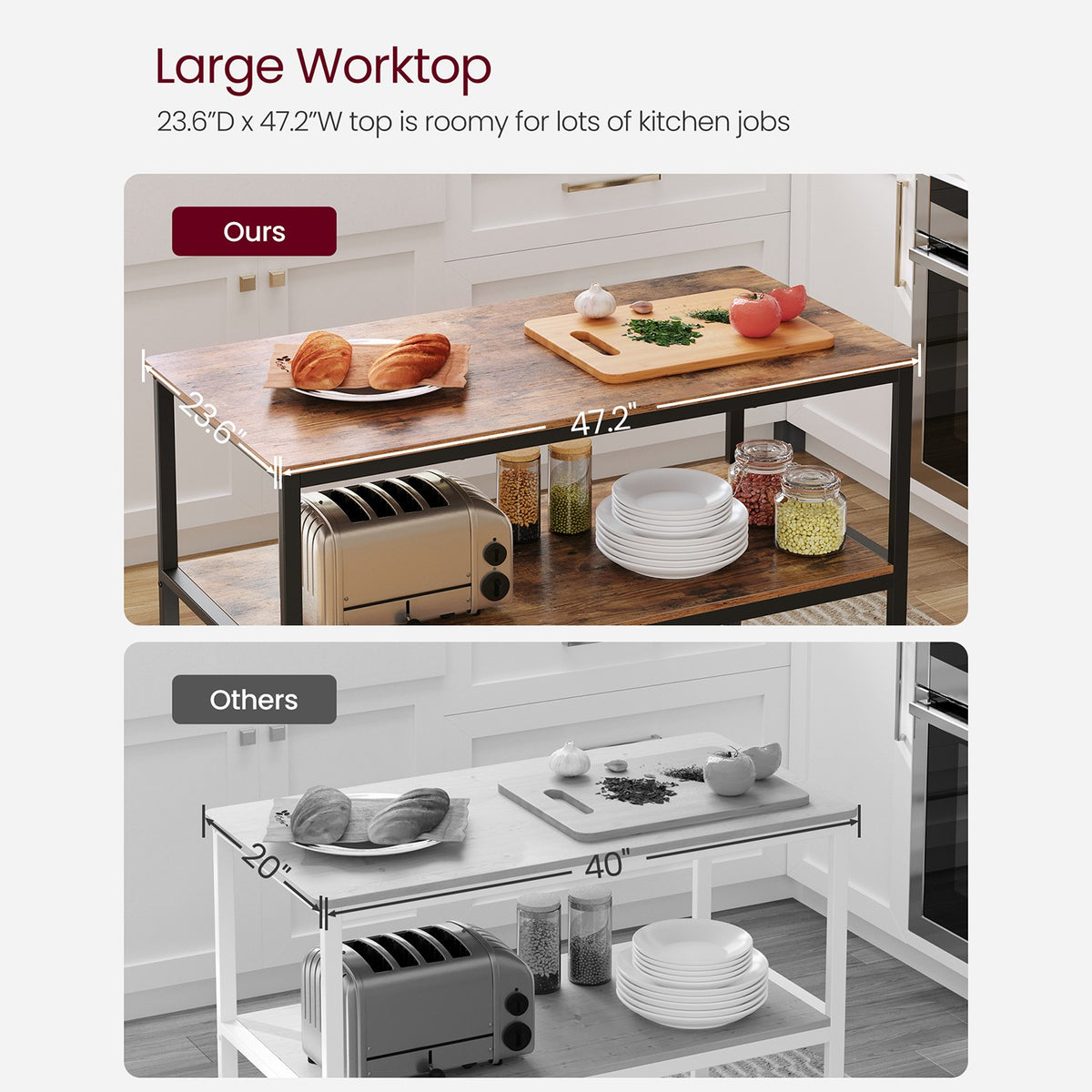 Kitchen Island with 3 Shelves | Kitchen Shelf with Large Worktop