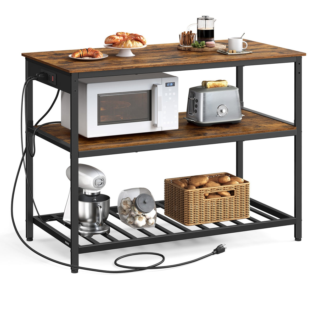 Kitchen Island with 3 Shelves and Power Strip