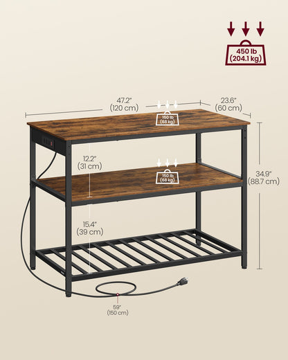 Kitchen Island with 3 Shelves and Power Strip