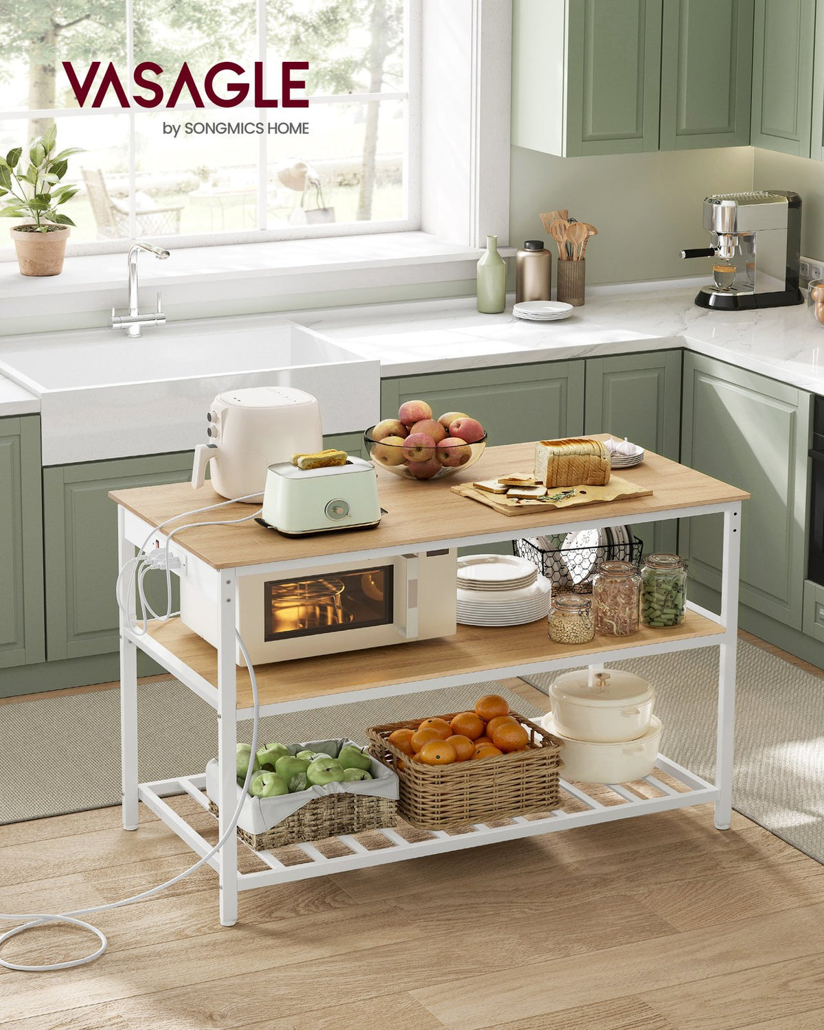Kitchen Island with 3 Shelves and Power Strip