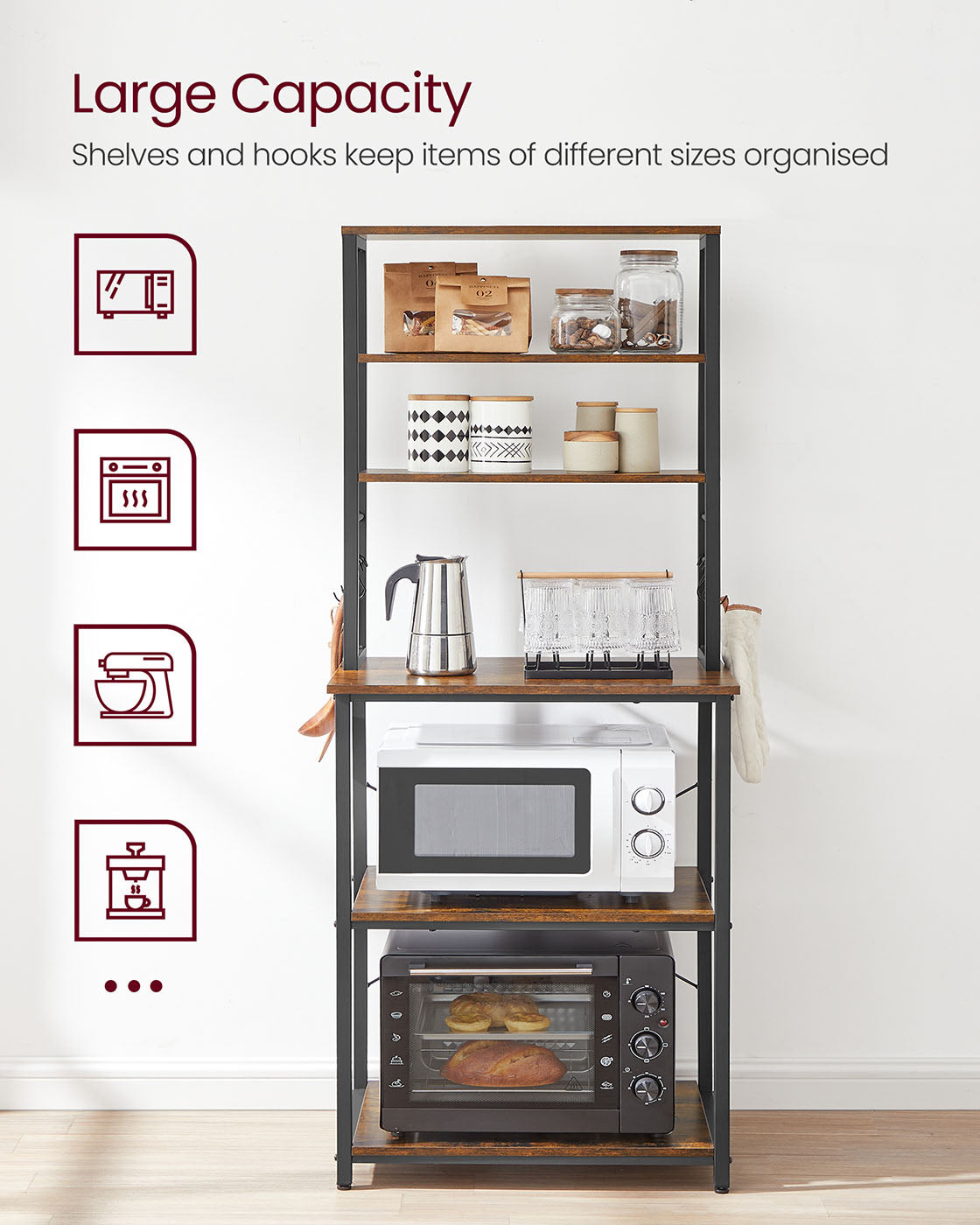 Kitchen Storage Rack with 6 Shelves and 6 Hooks - image 5