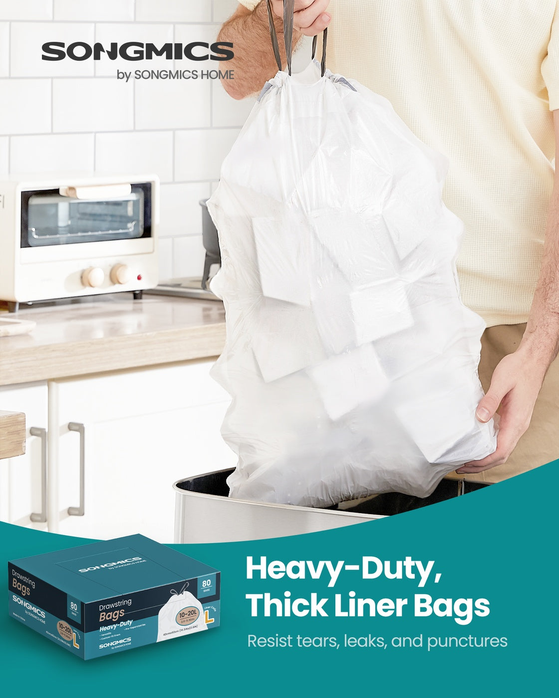 Bin Bags 20 L Rubbish Bags with Drawstrings 80 Pieces Quick-Dispense Box - image 2