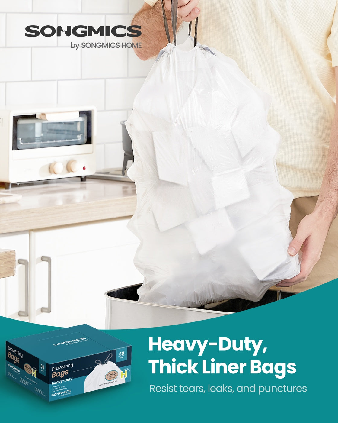 Bin Bags 20 L Rubbish Bags with Drawstrings 80 Pieces Quick-Dispense Box - image 9
