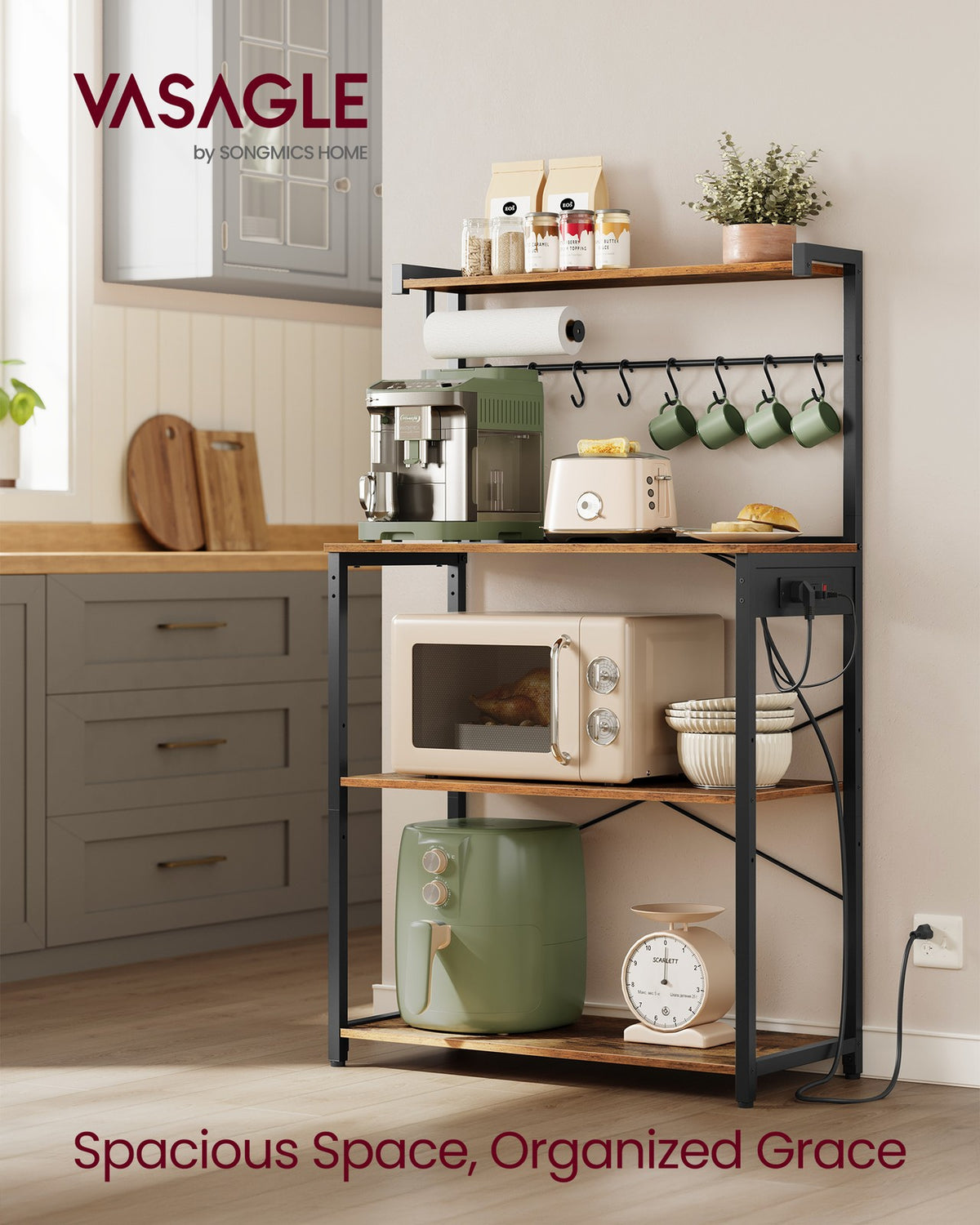 Kitchen Bakers Rack with Power Outlet - 15.7"D x 31.5"W x 55.1"H (40 x 80 x 140 cm)