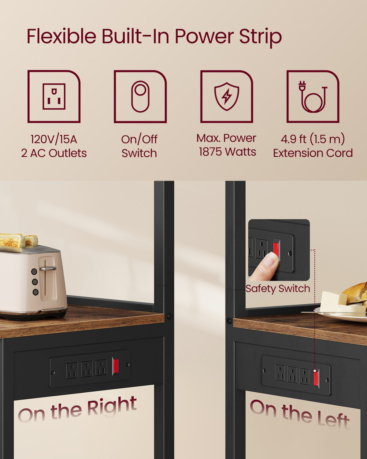 Kitchen Bakers Rack with Power Outlet - 15.7"D x 31.5"W x 55.1"H (40 x 80 x 140 cm)