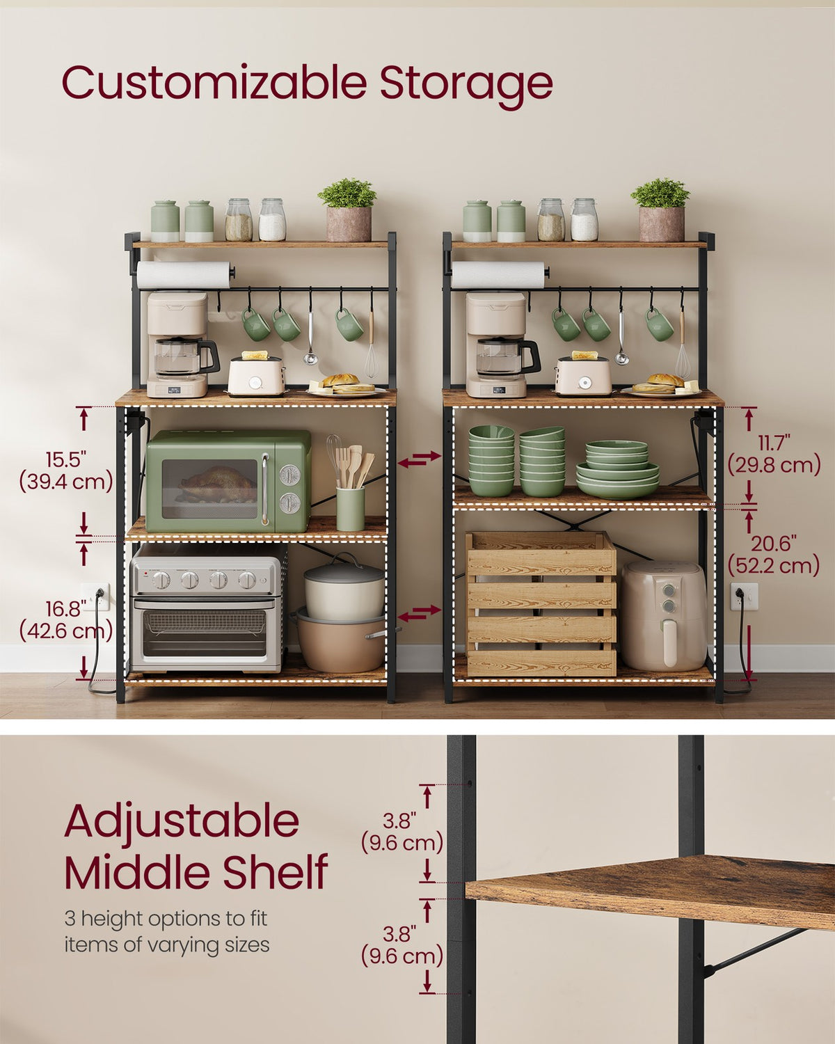 Kitchen Bakers Rack with Power Outlet - 15.7"D x 31.5"W x 55.1"H (40 x 80 x 140 cm)