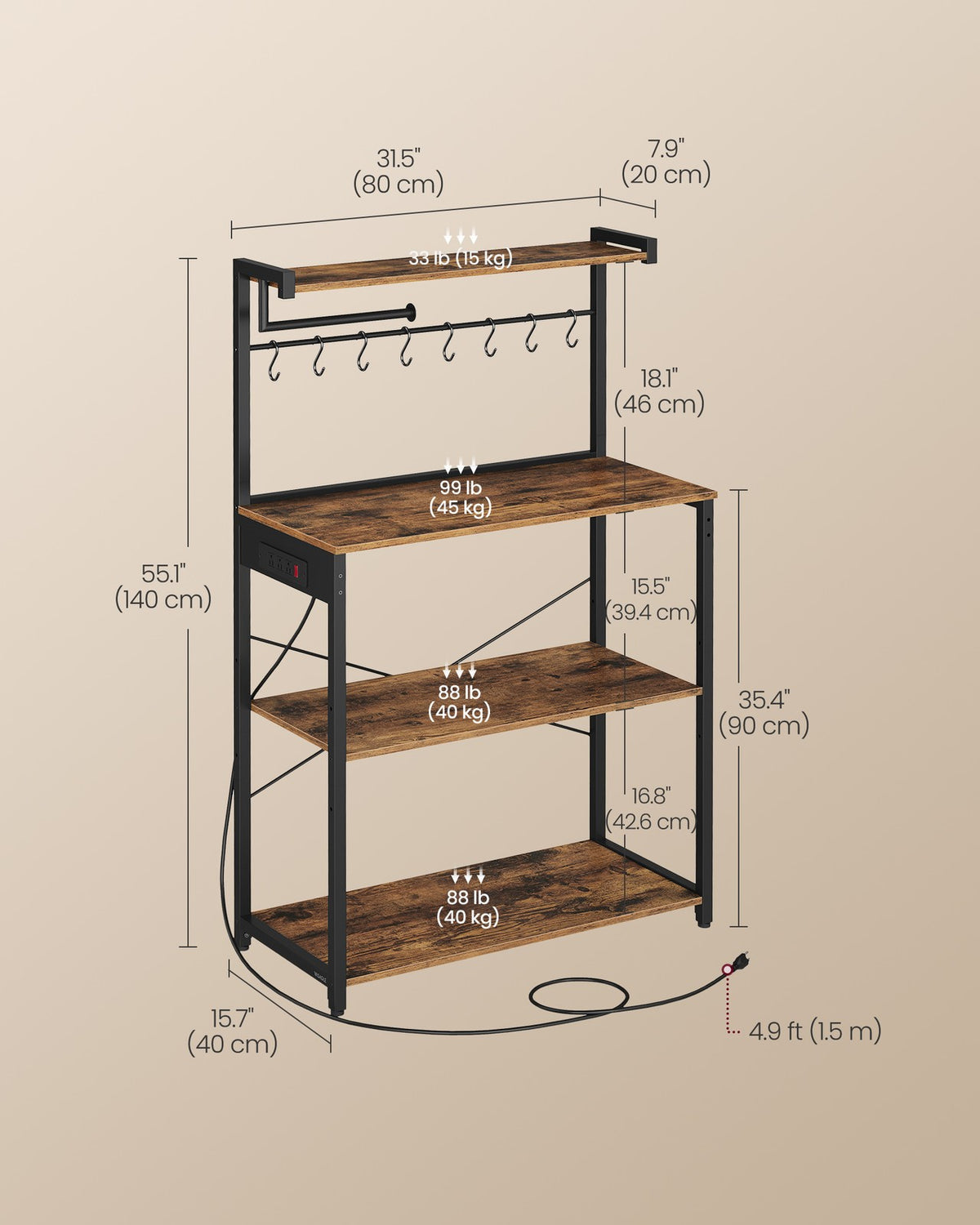 Kitchen Bakers Rack with Power Outlet - 15.7"D x 31.5"W x 55.1"H (40 x 80 x 140 cm)
