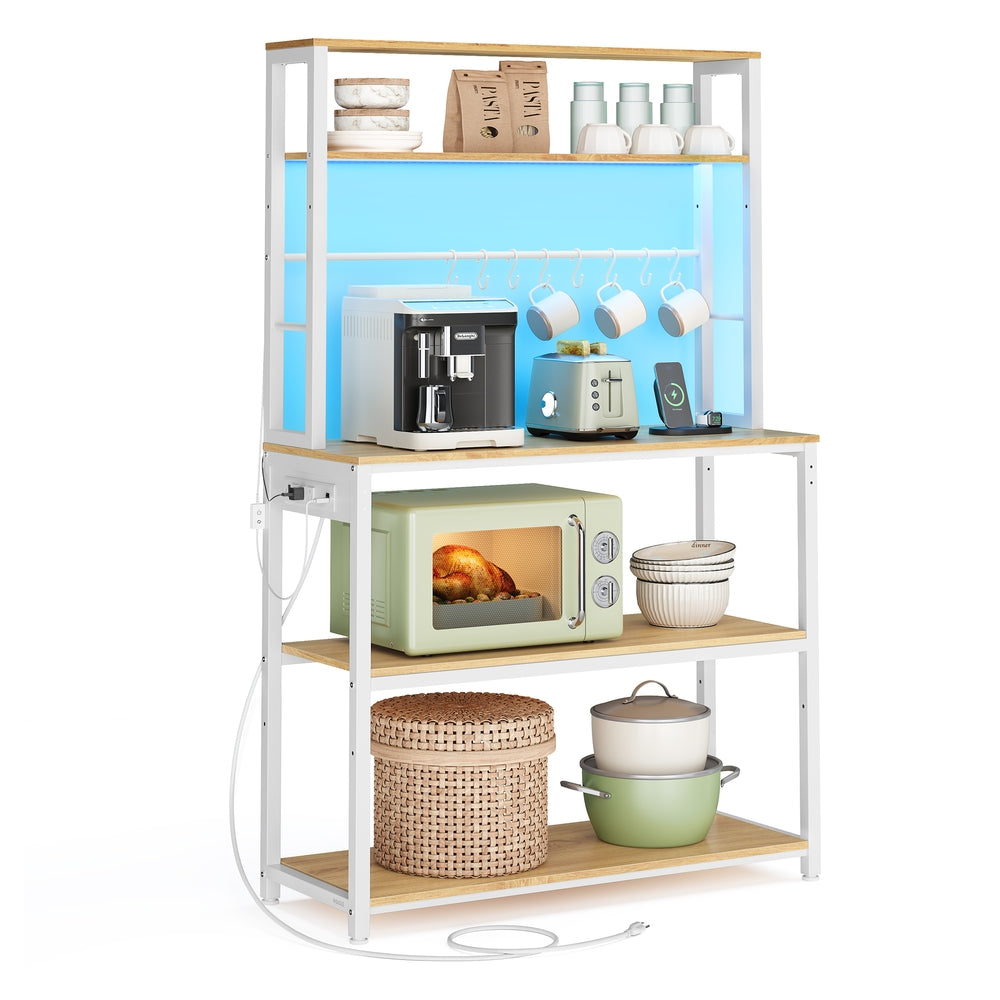 Coffee Bar with LED Lights Power Outlet Golden Oak and Matte White
