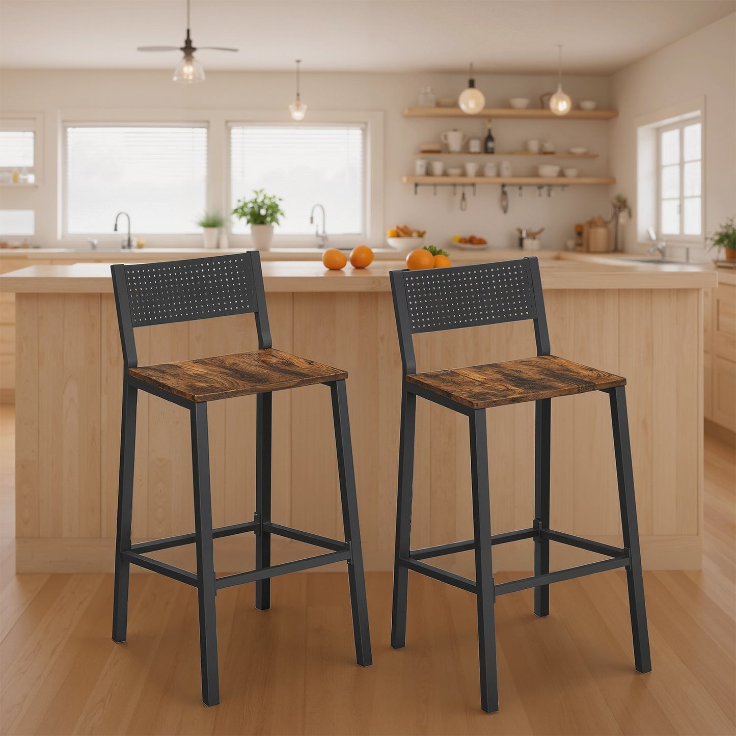 Set of 2 Dining Chairs, Industrial Kitchen Bar Stools for Living Room, Rustic Brown and Black - image 2