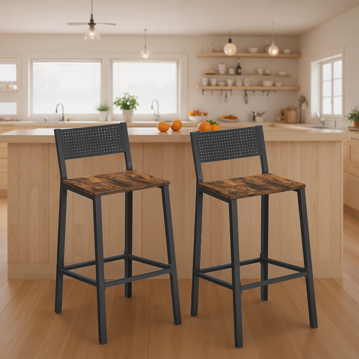 Set of 2 Dining Chairs, Industrial Kitchen Bar Stools for Living Room, Rustic Brown and Black - image 2
