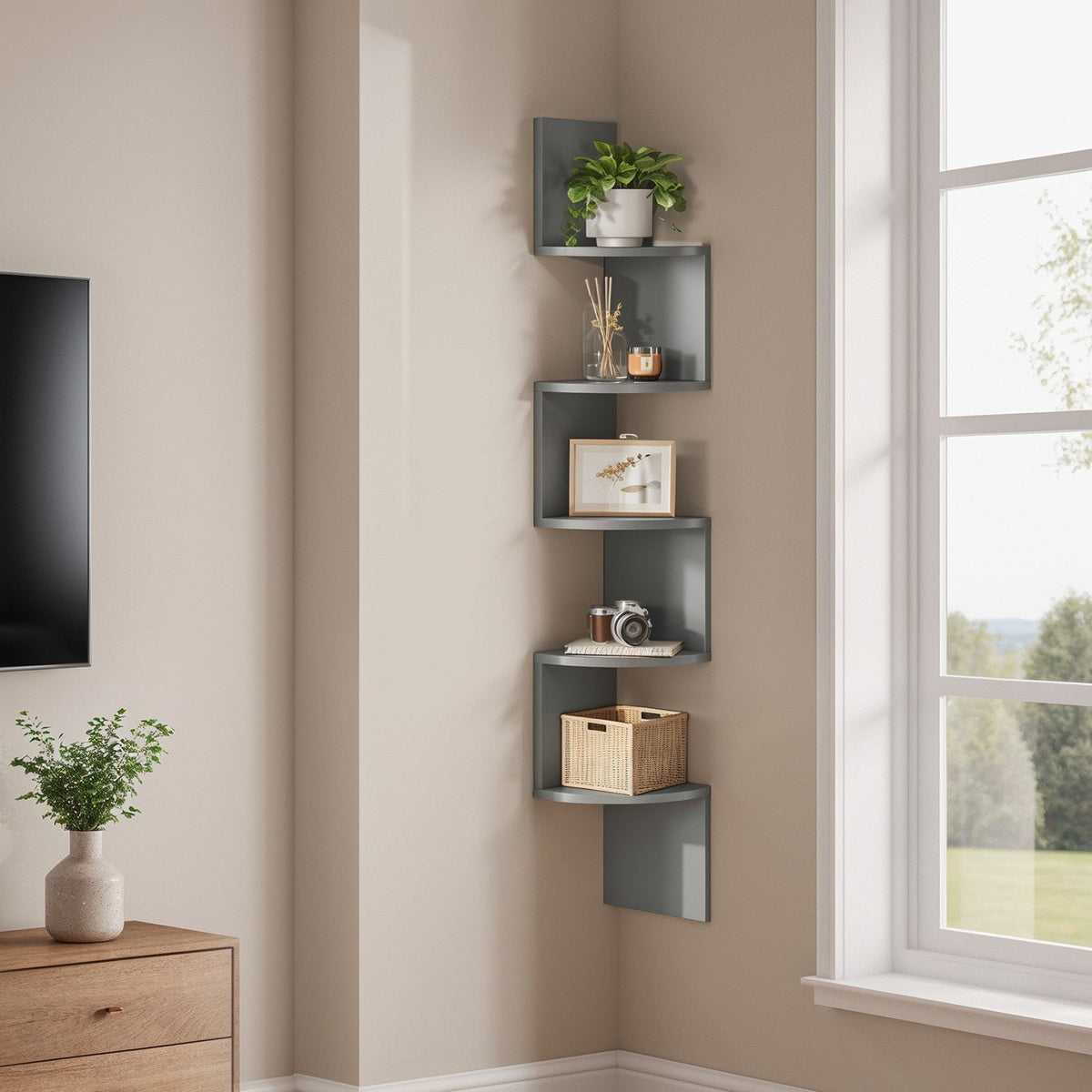 Corner Shelf Wall Mount, 5-Tier Floating Corner Bookshelf, Plant Shelf for Bedroom - image 1