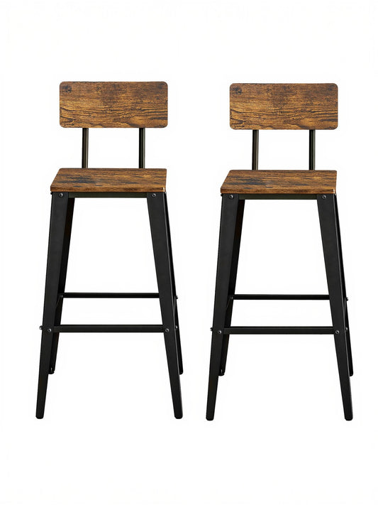 Set of 2 Industrial Kitchen Bar Stools, Bar Chairs for Breakfast Bar, Metal Frame, Supportive Backrest, Black - image 1