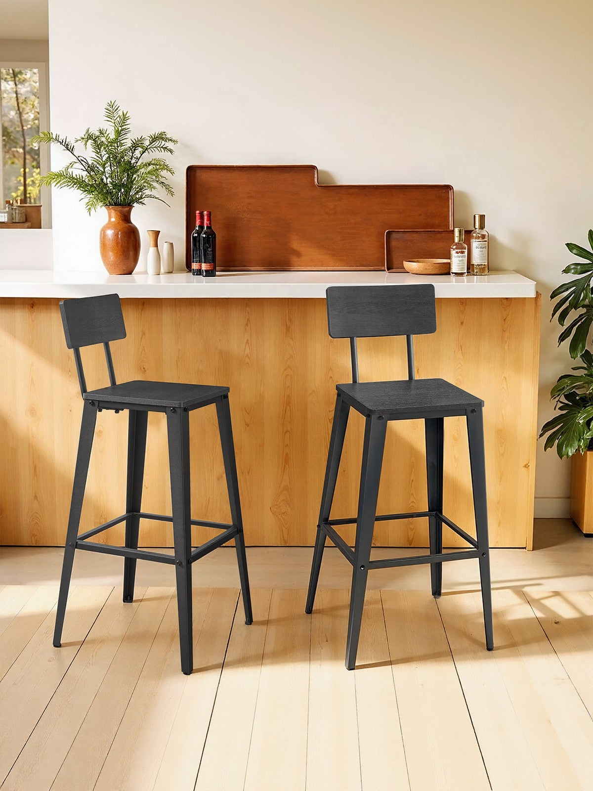 Set of 2 Industrial Kitchen Bar Stools, Bar Chairs for Breakfast Bar, Metal Frame, Supportive Backrest, Black - image 9