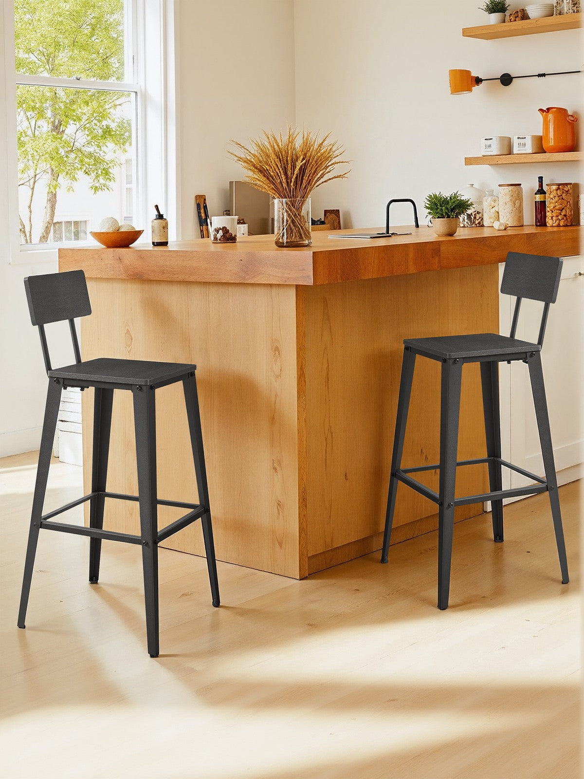 Set of 2 Industrial Kitchen Bar Stools, Bar Chairs for Breakfast Bar, Metal Frame, Supportive Backrest, Black - image 10