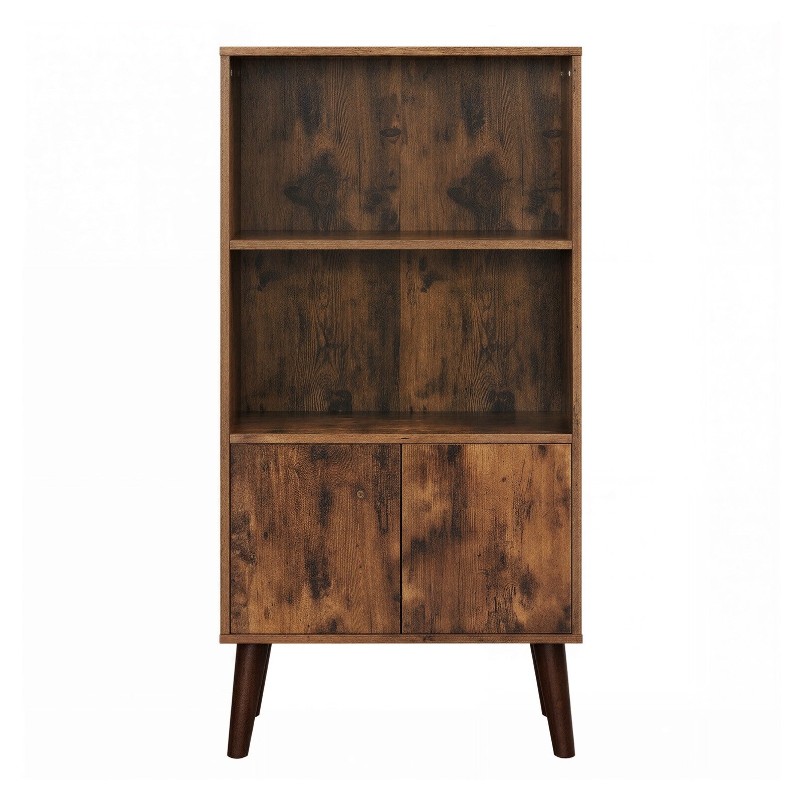 Rustic 3-Tier Storage Shelf with Cabinet Doors, Mid-Century Modern Bookcase for Living Room & Home Office - image 1